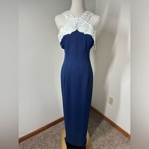 Scott McClintock Vtg Dress Women 6 Formal Evening Blue Column Halter White Lace